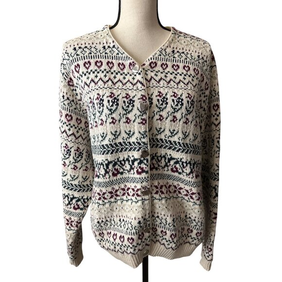 Northern Reflections Sweaters - Northern Reflections Heart Cardigan Nordic Fair Isle Sweater Cotton Wool Large